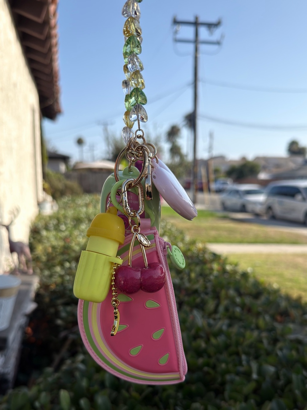 Bath & Body Works Pink & Green Watermelon Charm Keychain with Yellow Lip Balm